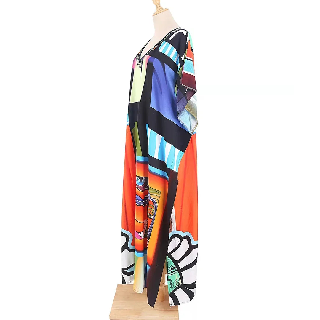 2026 New Colorful Kaftan Tunic Beach Dress Beach Wear Beachwear Beach Cover Up Cover-upsLoose Maxi Dress Female Women V4428