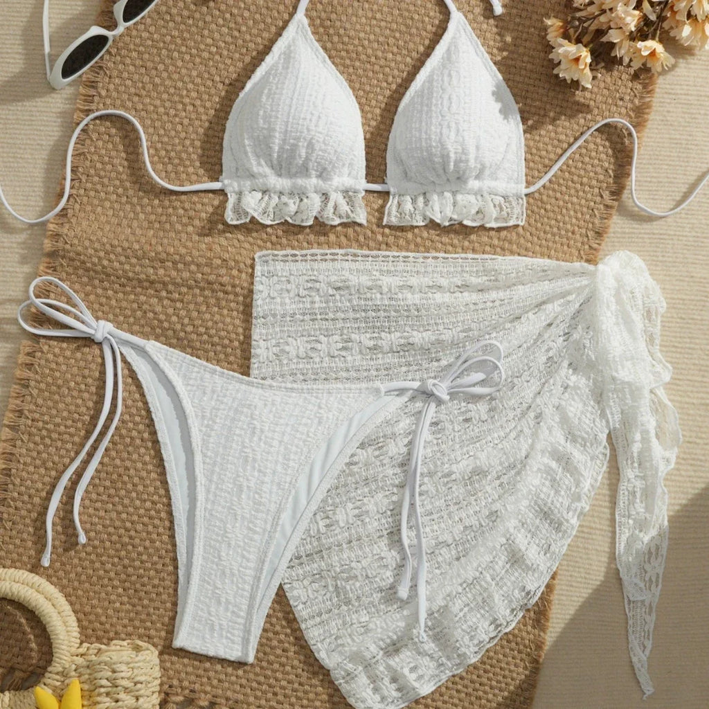 DEKA Lace Ruffled Swimwear Women Bikinis Set Backless Lace Up Bathing Suit Sexy Thongs Split Swimsuit Summer Beach Mini Skirt