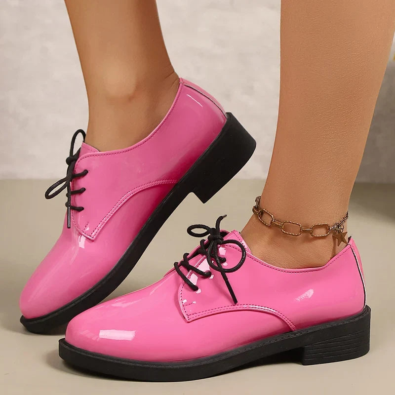 Pink Patent Leather Oxford Shoes Women Fashion Lace Up Pointed Toe Med Heel Pumps Woman Plus Size 43 Thick Heels Office Shoes