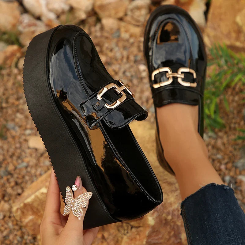 Black Chunky Wedges Loafers Shoes for Women Fashion Metal Chain Slip On Platform Shoes Woman Plus Size Patent Leather Shoes 43