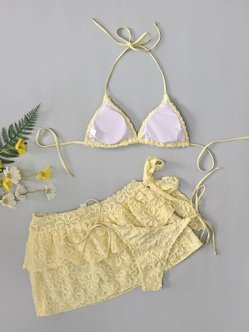 Women Yellow Flower Bikini Sets Three Pieces with Ruffles Mini Skirt Halter String Swimsuit Bathing Suit Beach Outfits Biquini