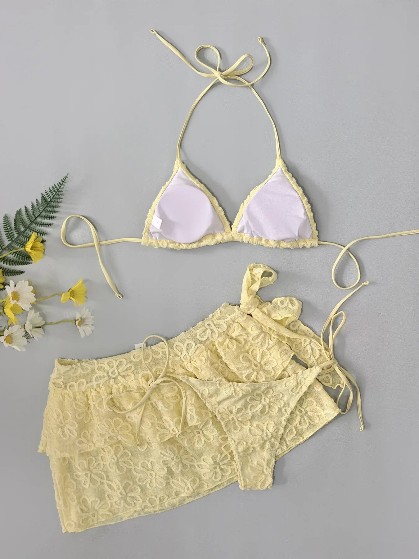 Women Yellow Flower Bikini Sets Three Pieces with Ruffles Mini Skirt Halter String Swimsuit Bathing Suit Beach Outfits Biquini
