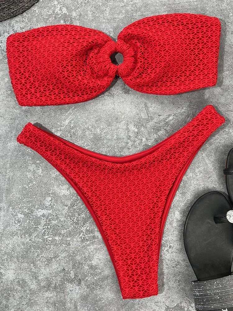 Wrinkled Fishnet Strapless Bandeau Bikini Women Swimsuit Female Swimwear Two-pieces Bikini set High Cut Bather Bathing Suit Swim