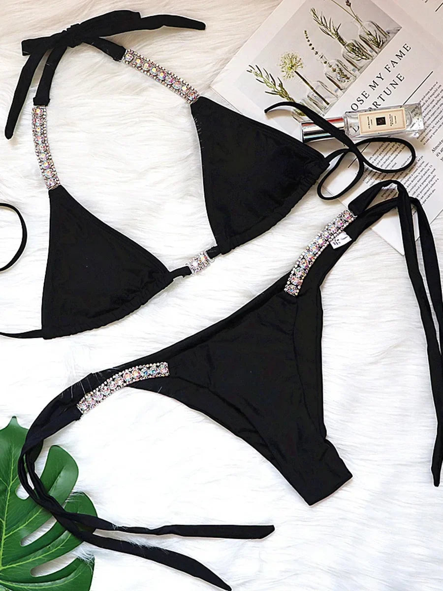 Sexy Halter Crystal Diamond Bikini 2025 Women Swimsuit Female Swimwear Two-pieces Bikini set Rhinestone Bather Bathing Suit Swim