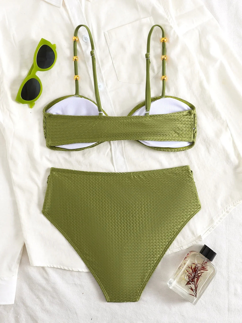 Sexy Metal Buckle High Waist Bikini Set Women Black Green Pleate Push Up Bra Swimwear Beach Bathing Suit Two Piece Swimsuit 2026