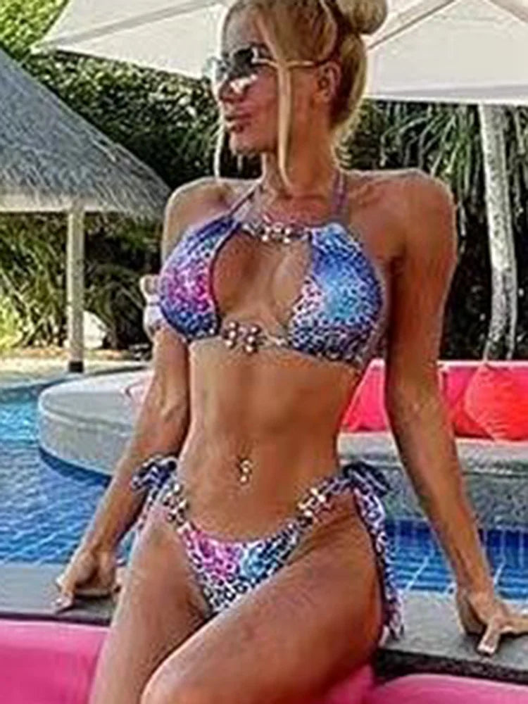 Halter Leopard Diamond Bikini Women Bandeau Swimsuit Female Swimwear Two Pieces Bikini Set Hollow Out Bather Bathing Suit Swim