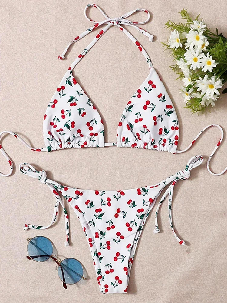 XS - L Cherry Print Halter Strappy Bikini Female Swimsuit Women Swimwear Two-pieces Bikini Set Tie Side Bather Bathing Suit Swim