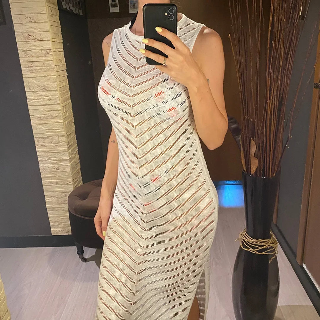 Hollow Out Sleeveless Crochet Knitted Tunic Beach Cover Up Cover-ups Mini Beach Dress Beach Wear Beachwear Female Women V6745