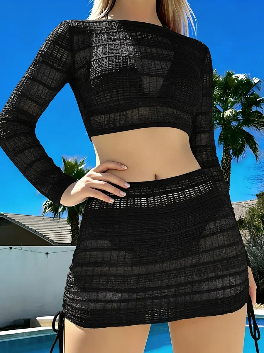 4 Pieces Triangle Bikini 2026 With Mesh Tops & Skirt Swimwear Female Solid Swimsuit Women Bathers Bathing Swimming Swim Suit