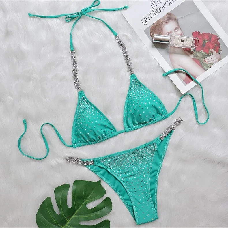 2026 New Sexy Bikini Women Rhinestones Swimwear Swimsuit Halter Bikinis Set Bathing Suit Beach Bikini Luxe Maillot De Bain Femme