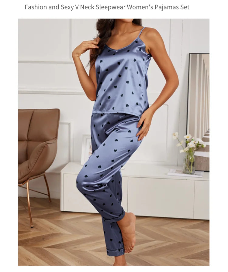 Ladies Heart Print Pajama Set Sexy V Neck Cami Top & Elastic Waistband Pants Pyjama 2 Pieces Women's Sleepwear & Loungewear Pjs