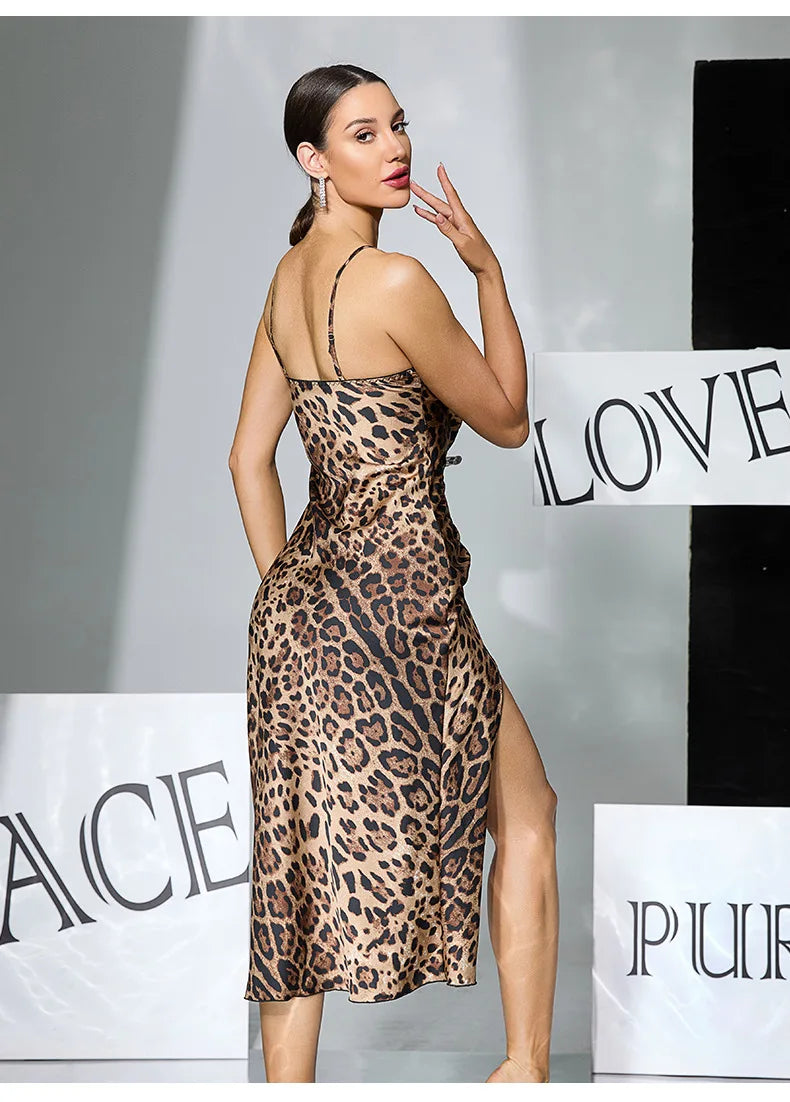 Women Sexy Leopard Print Slip Nightdress Removable Padded Drawstring High Slit Midi Nightgown Loungewear