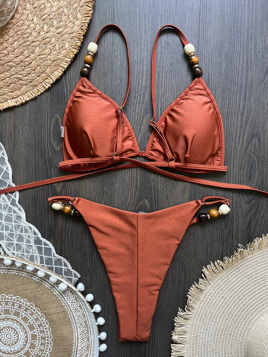 Cross Bandage Beads Bikinis 2026 Push Up Bra Bikini Women Swimwear Female Swimsuit Two-pieces Bikini Set Bathing Suit Swim Lady