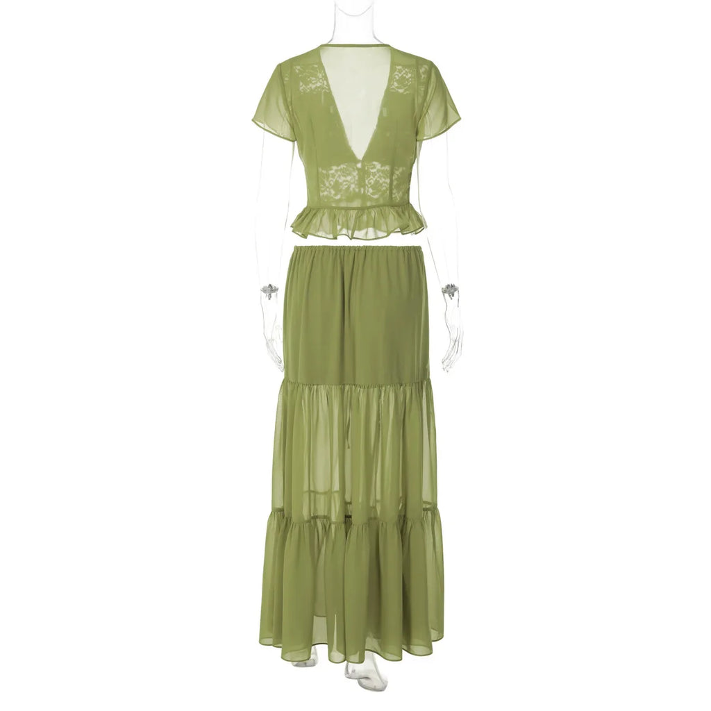 FDYOUI Sexy V-neck Lace Patchwork T-shirt Tops+Long Skirt 2 Piece Set Women's Summer Green Holiday Party Dress Suit Streetwear