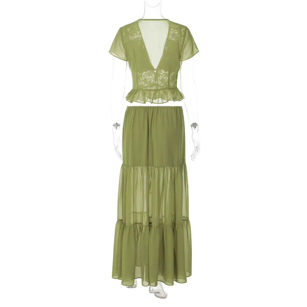 FDYOUI Sexy V-neck Lace Patchwork T-shirt Tops+Long Skirt 2 Piece Set Women's Summer Green Holiday Party Dress Suit Streetwear