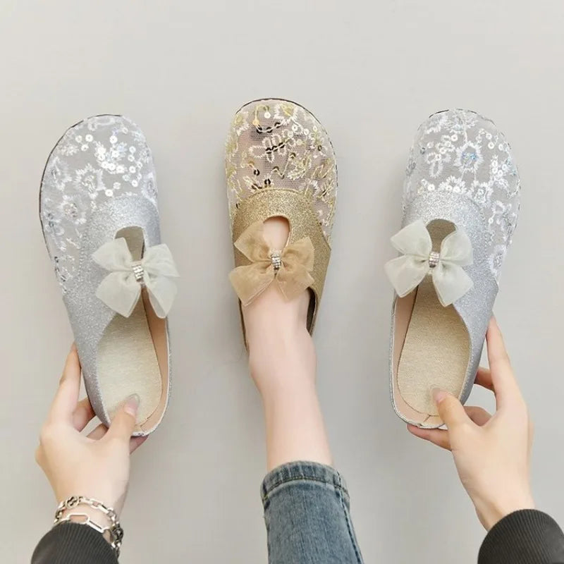 Women Mesh Sequins Slippers Outdoor Retro Slides for Girls Flat Heeled Summer Mules Female Bling Shoes with Bow Sweet Sandals