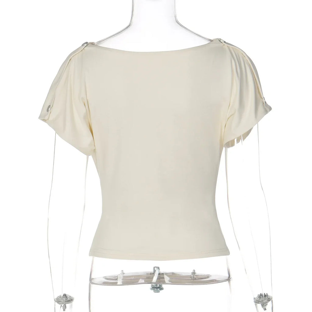 FDYOUI Fashion Casual Swinging Collar T-shirts Y2K Woman Clothes Short Sleeve Buttons Corset T Shirt Ladies Solid Crop Tops Tees