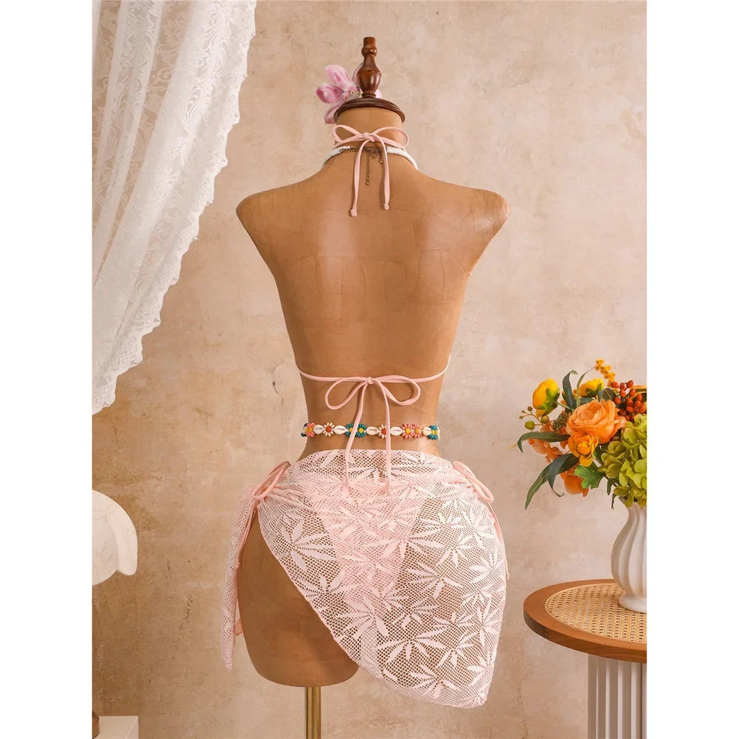 New Leaves Printed Halter Bikini Suit Female Swimsuit Women Swimwear Bather Bathing Suit Swim Three-Pieces Bikini Set