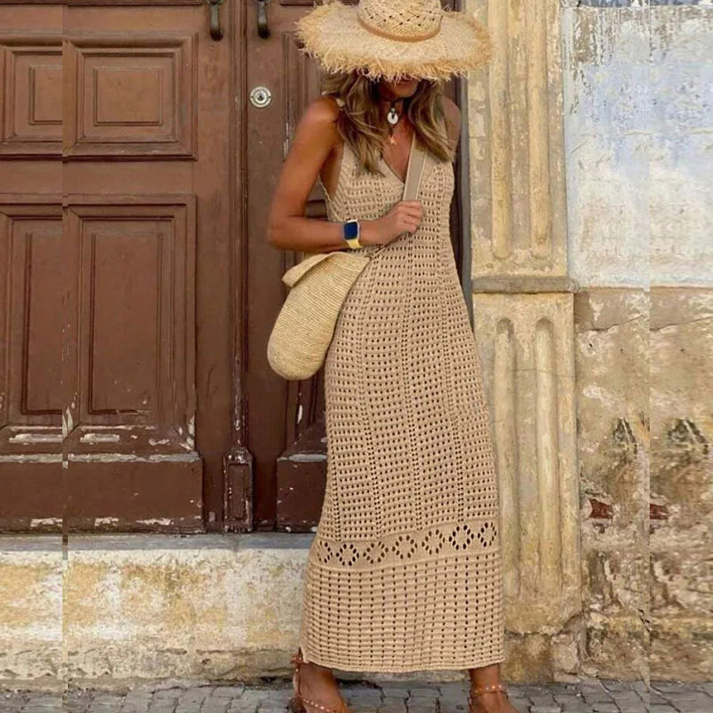 S - XL 2025 V Neck Hollow Out Crochet Knitted Tunic Beach Cover Up Long Cover-ups Beach Dress Beach Wear Beachwear Female Women