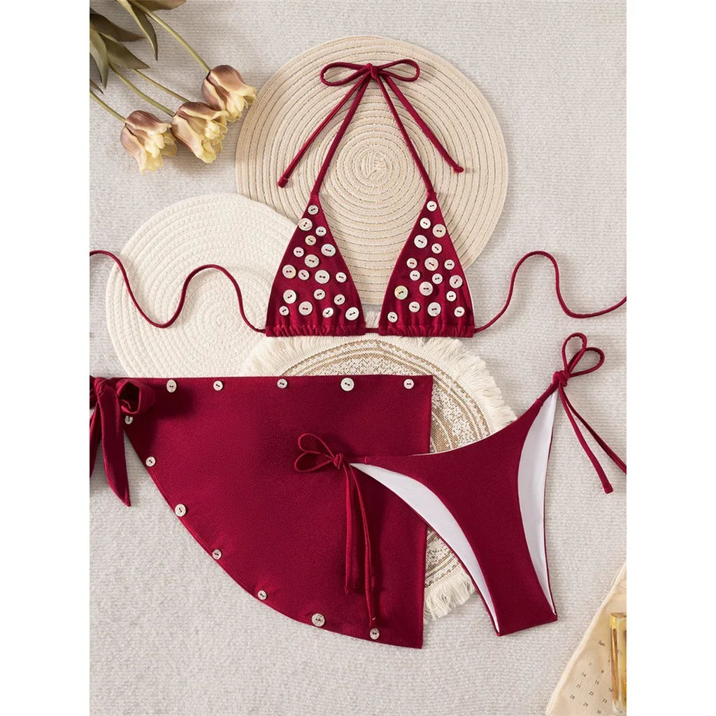 With Sarong Buttons Halter Bikini Female Swimsuit Women Swimwear Three-Pieces Bikini Set Padded Bather Bathing Suit Swim V8307