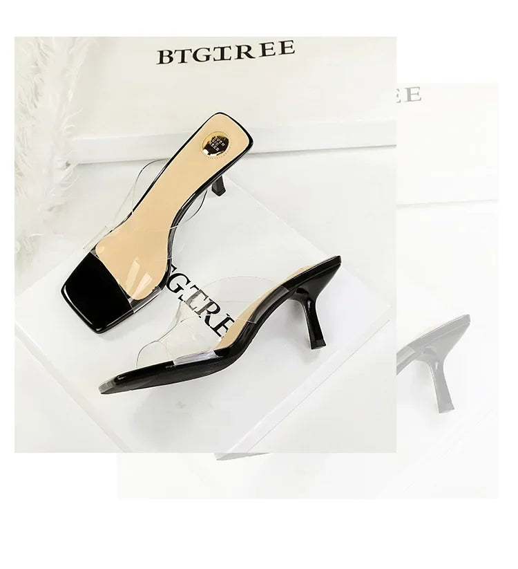 BIGTREE Sexy Silver PVC Transparent Crystal Womens Slippers 2026 Summer Square Toe Thin High Heels Sandals Ladies Shoes