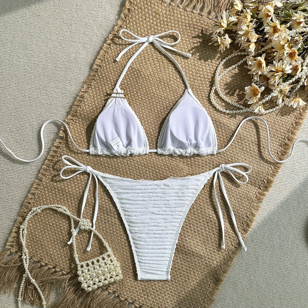 Sexy White Yellow Micro Bikini 2026 Women Metal Flower Push Up Bra Bandage Triangle Swimsuit Beach Bathing Suit Holiday Swimwear