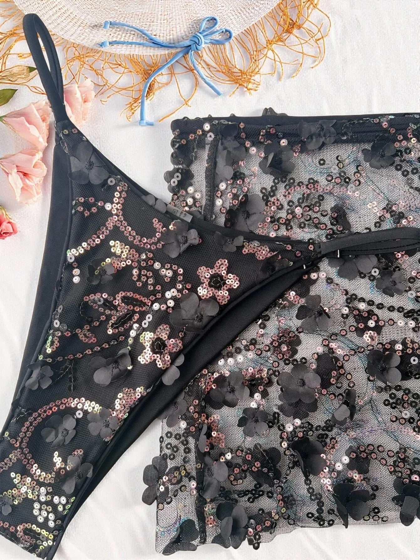 Sexy Shiny Sequin Blue White Bikini Set Women 3D Mesh Flower Cover Up 3 Piece Thong Swimsuit Beach Holiday Bathing Suit Swimwear