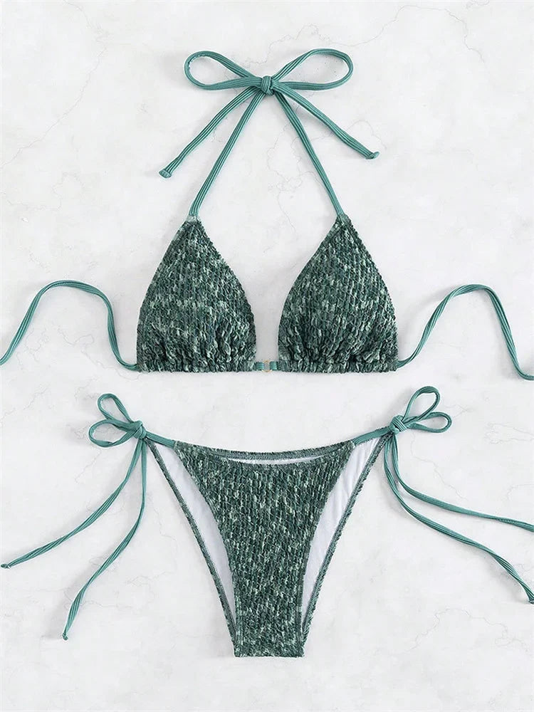 Sexy Green 2 Piece Bikinis Sets Women Halter Metal Stap Push Up Swimsuit 2024 Summer Lace Up Beach Bathing Suit Thong Swimwear