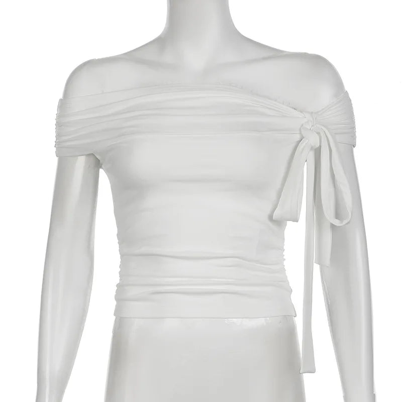 Korean Style Solid Color Women's Top Casual Slash neck Crop Top Fahionable Slim Fit White Tee Lady Summer Night Out Dress up