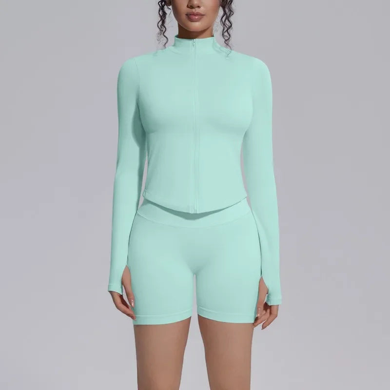 Women's Seamless Yoga Sets Sports Fitness Gym Zipper Long-Sleeve Jacket Hip Lift High-Waist Shorts Suits Workout Training Sets