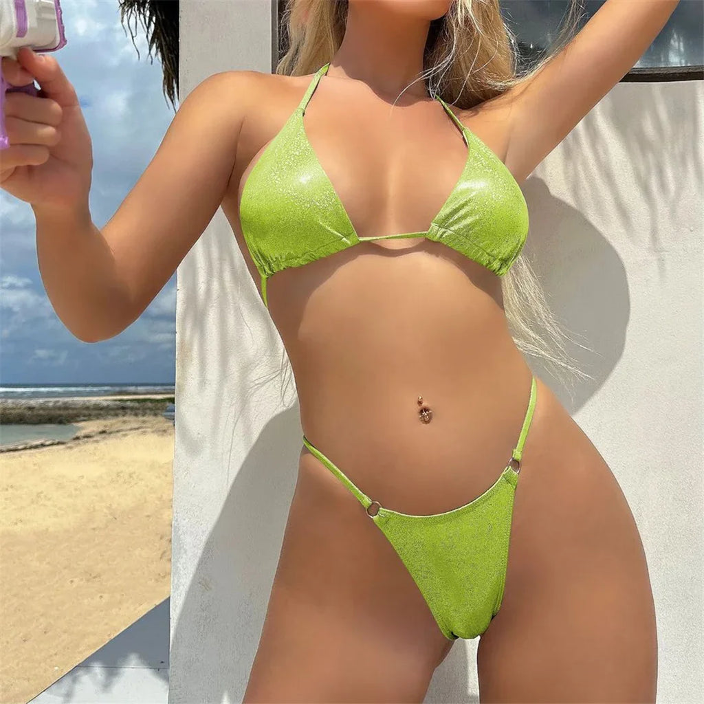 Halter Glitter Sparkling High Leg Cut Bikini Women Swimwear Female Swimsuit Two-pieces Bikini Set Bather Bathing Suit Swim V5102