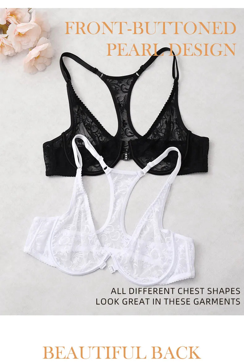 Womens Front Button Lace Bra Underwire Underwear Elegant Embroidery Beautiful bBack Plus Size Lingeire A B C D E F Cup