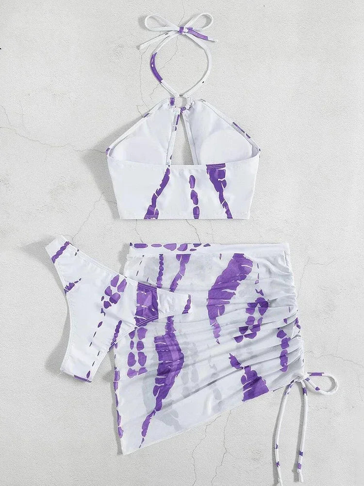 3PCS With Mesh Skirt Halter Bikini Female Swimsuit Women Swimwear Three-pieces Bikini Set Hollow Out Bathing Suit Swim Beachwear