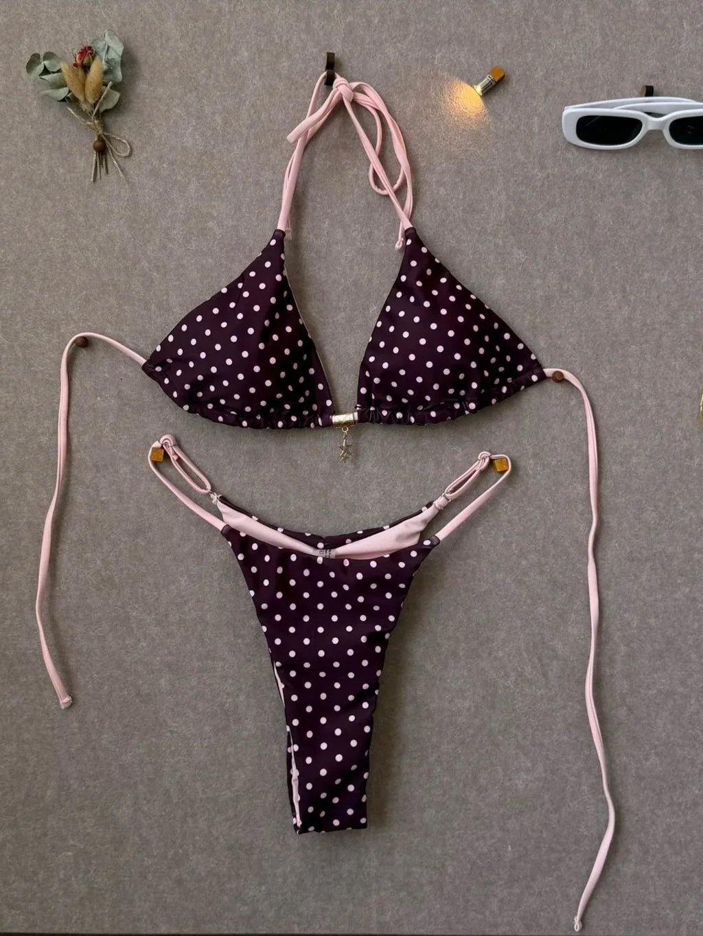 Sexy Black Polka Dot Print Bikini Set Women Pearls Push Up Bra Thong Swimwear 2026 Summer Bathing Suit Holiday Micro Swimsuit