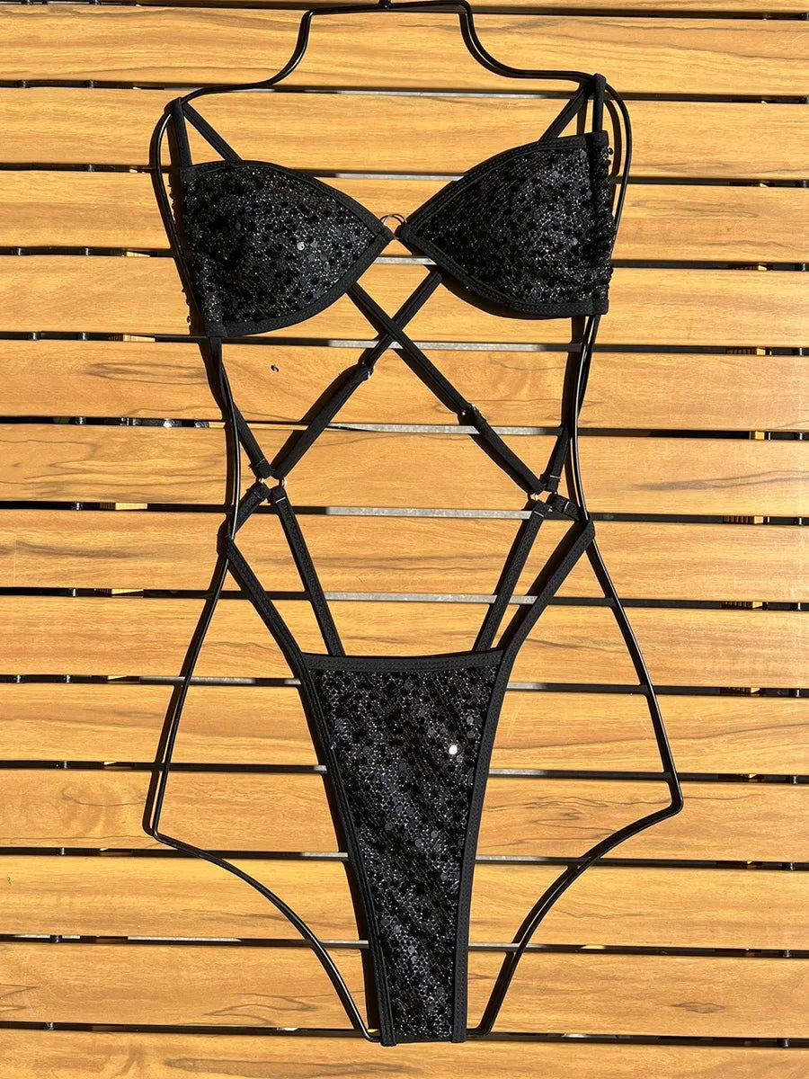 Shiny Sequins Cross Backless Micro String One Piece Swimsuit Women Swimwear Female Monokini High Cut Out Bathing Suit Swim Lady