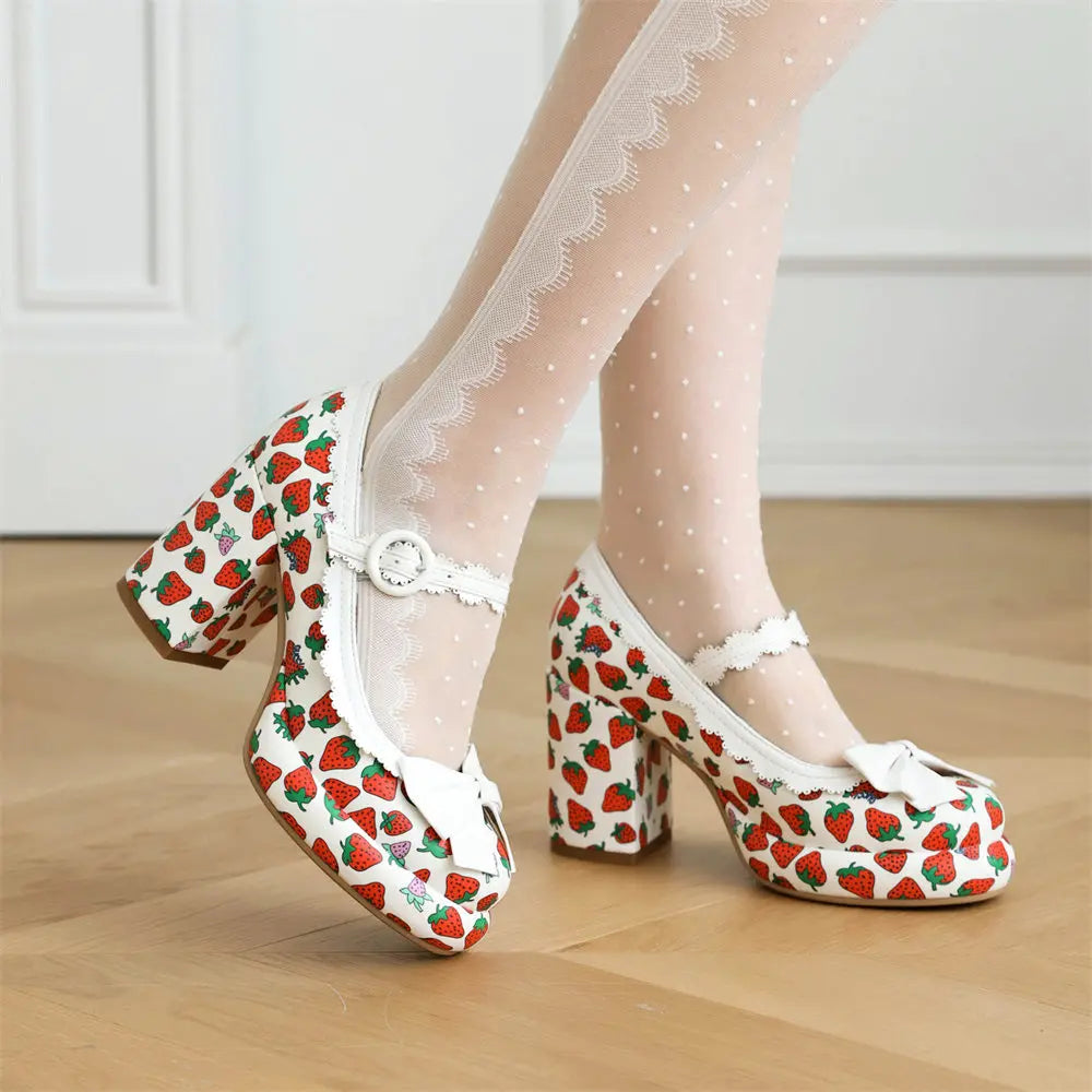 Big Size 43 High Quality Women's y2k Block High Heels Sweet Strawberry Print Mary Jane Pumps Black Pink Platform Lolita Shoes