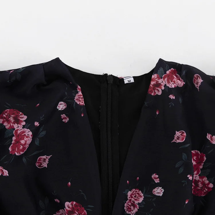 FDYOUI Elegant V-neck Floral Printed Short Dress High Street Women's Puff Sleeve High Waist Tunics Ruched Vacation Party Dresses