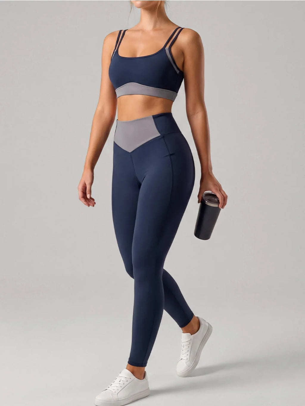 Summer Color-block Yoga Sets Women Thin Strap Open Back Shockproof Sports Bra Tight High Waist Leggings Training Fitness Suits
