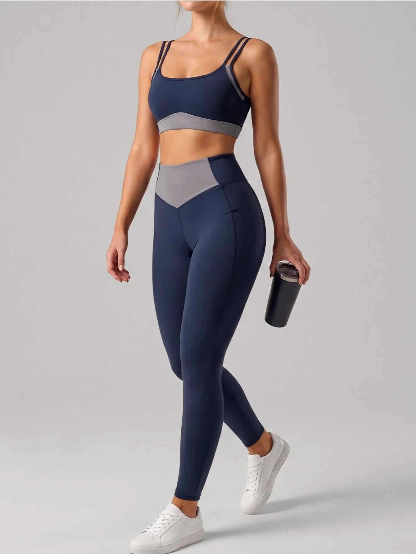 Summer Color-block Yoga Sets Women Thin Strap Open Back Shockproof Sports Bra Tight High Waist Leggings Training Fitness Suits