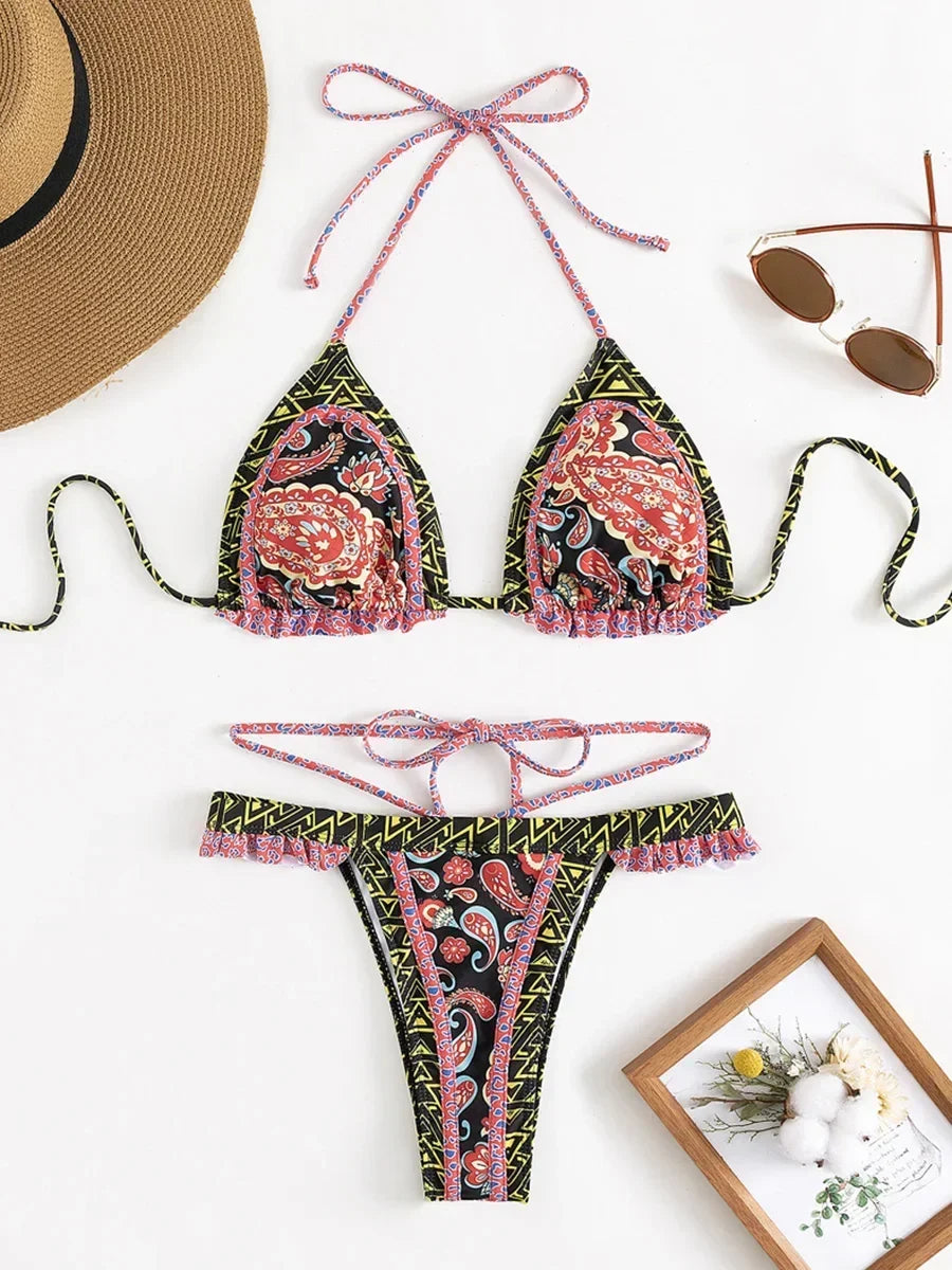 Floral Printed Halter Ruffled Frilled Bikini Women Swimwear Female Swimsuit Two-pieces Bikini set Thong Bathing Suit Swim Lady