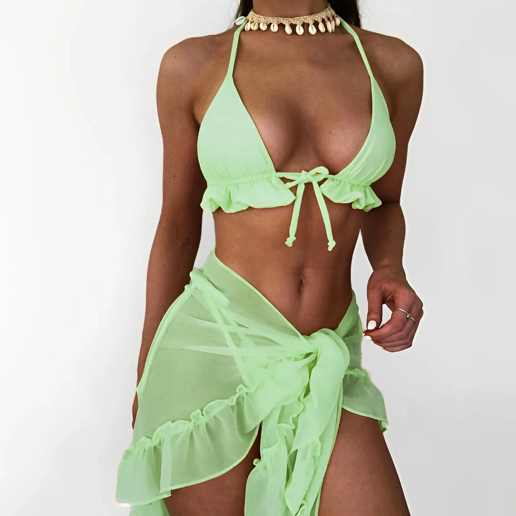 3 Pieces Solid Bikini 2026 Women & Beach Skirt Swimwear Female Halter Swimsuit Beachwear Bathers Bathing Swimming Swim Suit