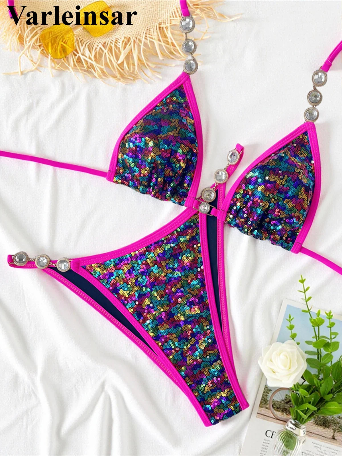 S - XL New Sequins Rhinestones Halter Bikini Female Swimsuit Women Swimwear Two-Pieces Bikini Set Bather Bathing Suit Swim V8359