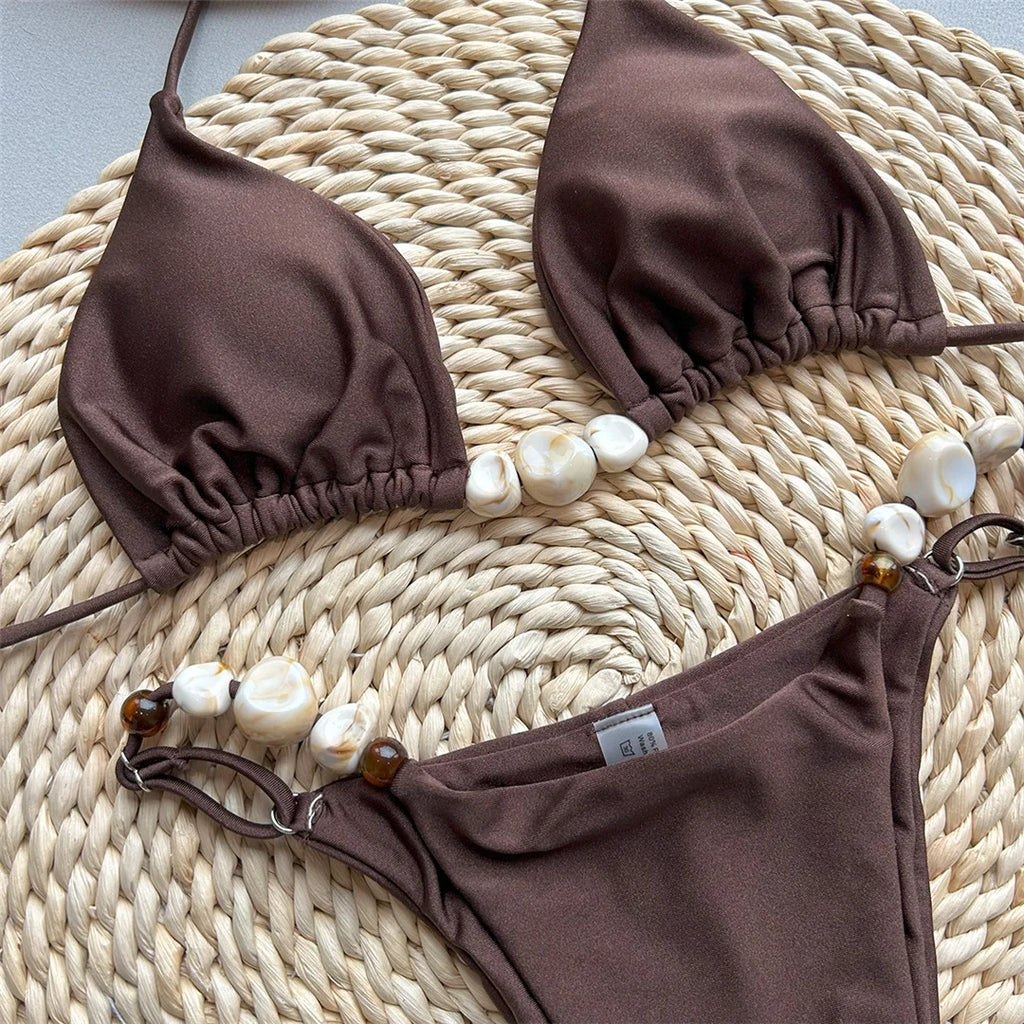 Sexy Shiny Halter High Leg Cut Bikini Women Swimwear Female Swimsuit Two-Pieces Bikini Set Padded Bather Bathing Suit Swim V6601