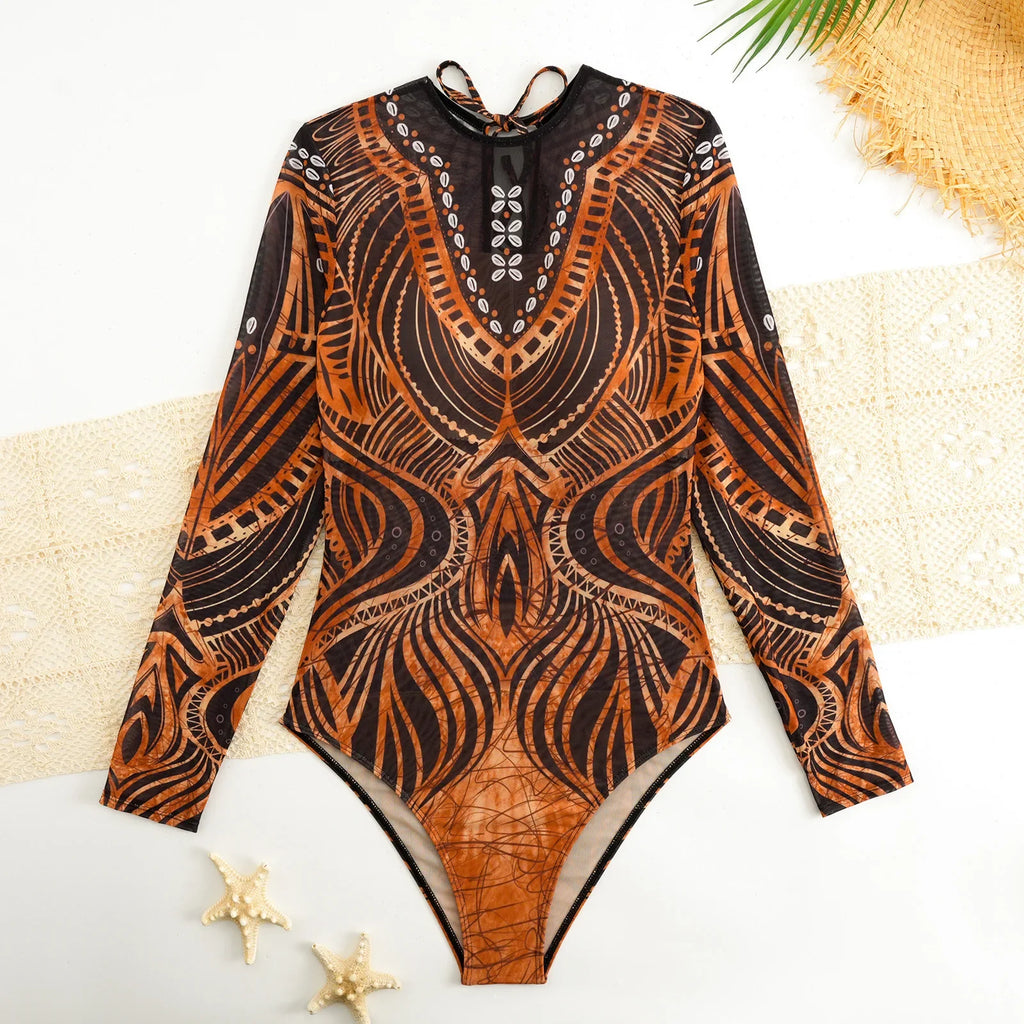 2025 Sexy Women's Retro Print Scoop Neck Padded Long Sleeve One Piece Swimsuits High Cut Bathing Suits Swimwear Bodysuit