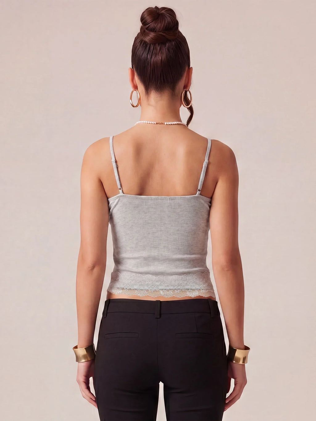 Women's Summer Solid Color Slim Fit Camisoles Spaghetti Strap Stylish Lace Trim Crop Tops