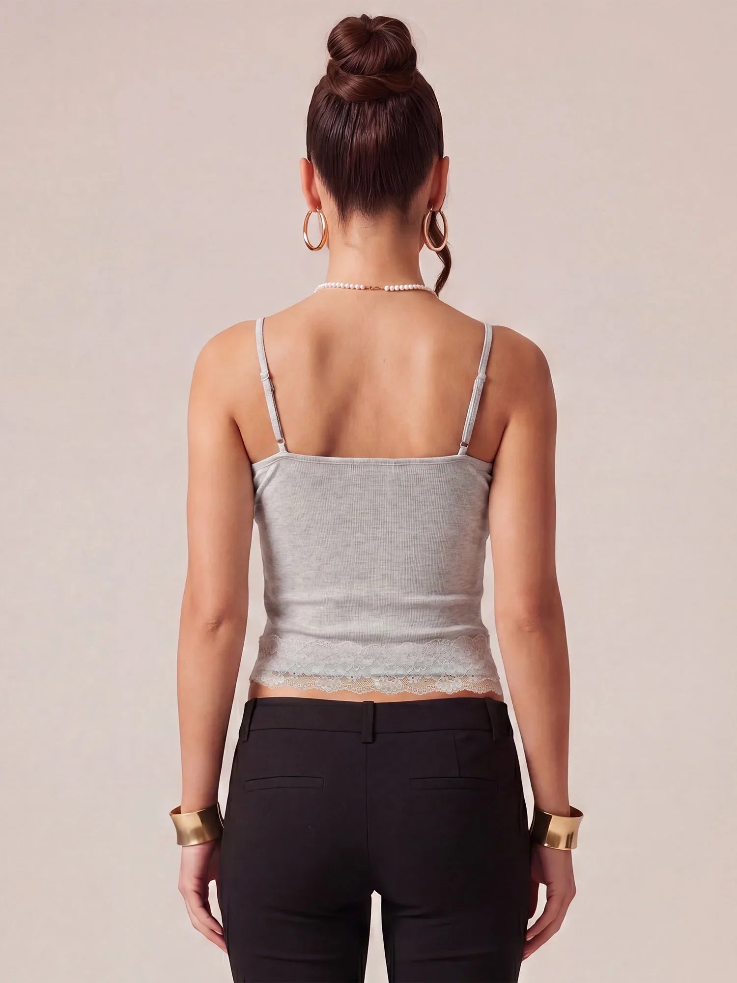 Women's Summer Solid Color Slim Fit Camisoles Spaghetti Strap Stylish Lace Trim Crop Tops
