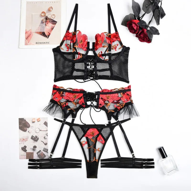 Toucheart 4-Piece Sexy Lingerie Set Women Embroidered Flower Straps Cross Hollow Out Mesh Patchwork Sexy Lace Up Bra Garters Set