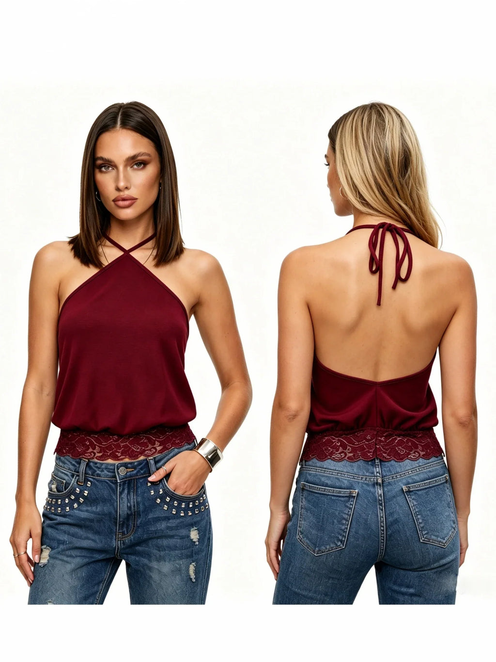 Women's Summer  Slim Fit Going Out Halter Tank Tops Lace Trim Hem Sleeveless Backless Vest