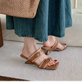 Vintage Braided Belt Buckle Open Toe Wedges Women's Summer New Square-toed High-heeled Slippers