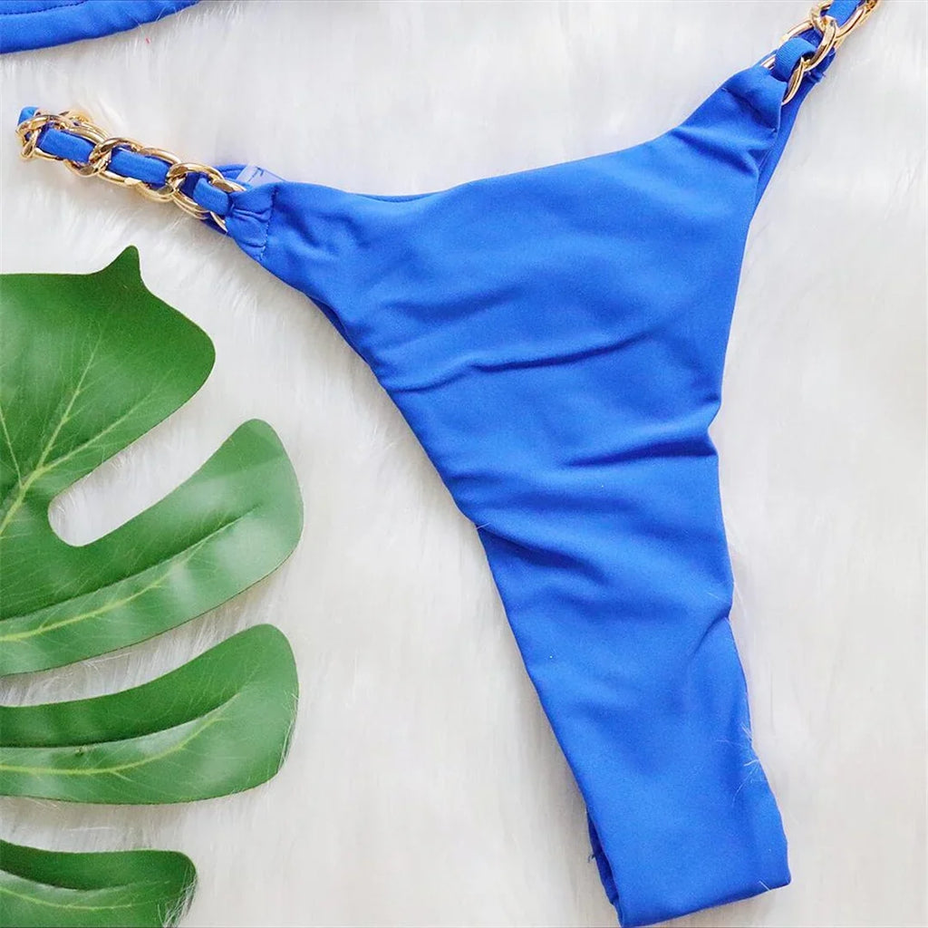 Metal Ring Halter Scrunch Butt Thong Bikini Women Swimwear Female Swimsuit Two-Pieces Bikini Set Bather Bathing Suit Swim V4391